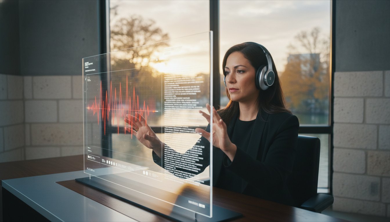 Professional podcast transcription hero image showing workflow
