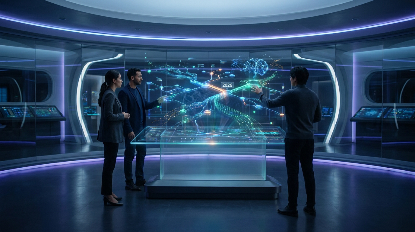 Screenshot of futuristic command center holographic display