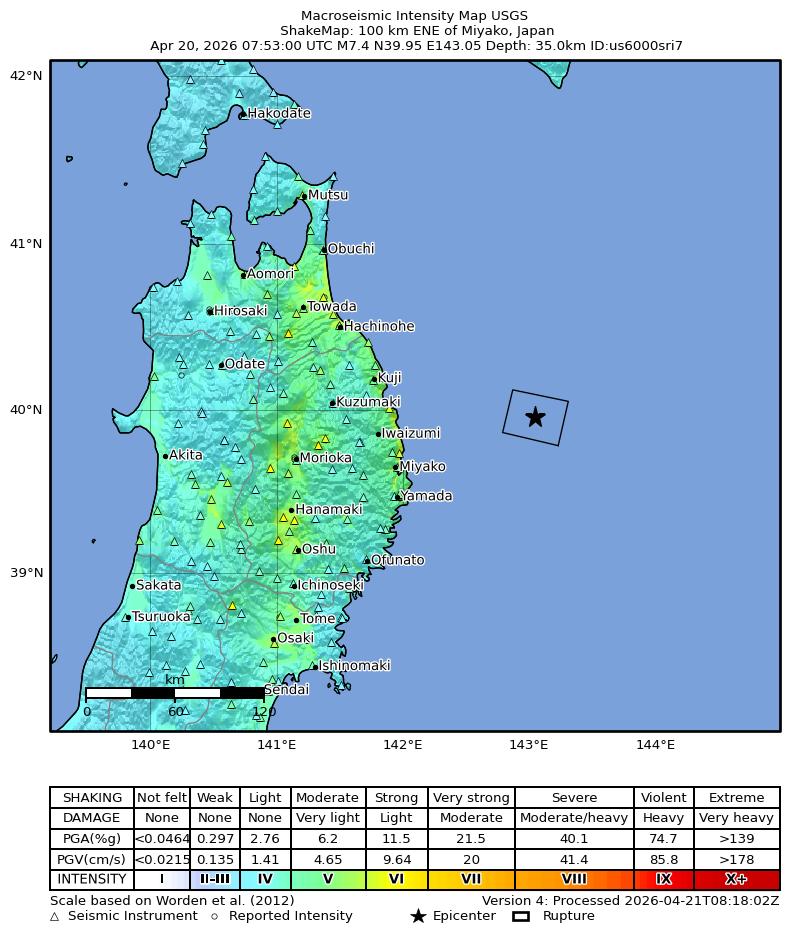 USGS ShakeMap for the April 20, 2026 Miyako, Japan M7.4 earthquake