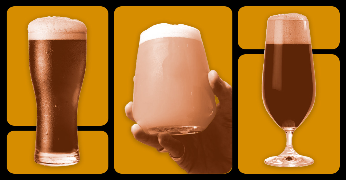 Craft beer glasses on a bar suggesting a range of styles including IPAs and sours