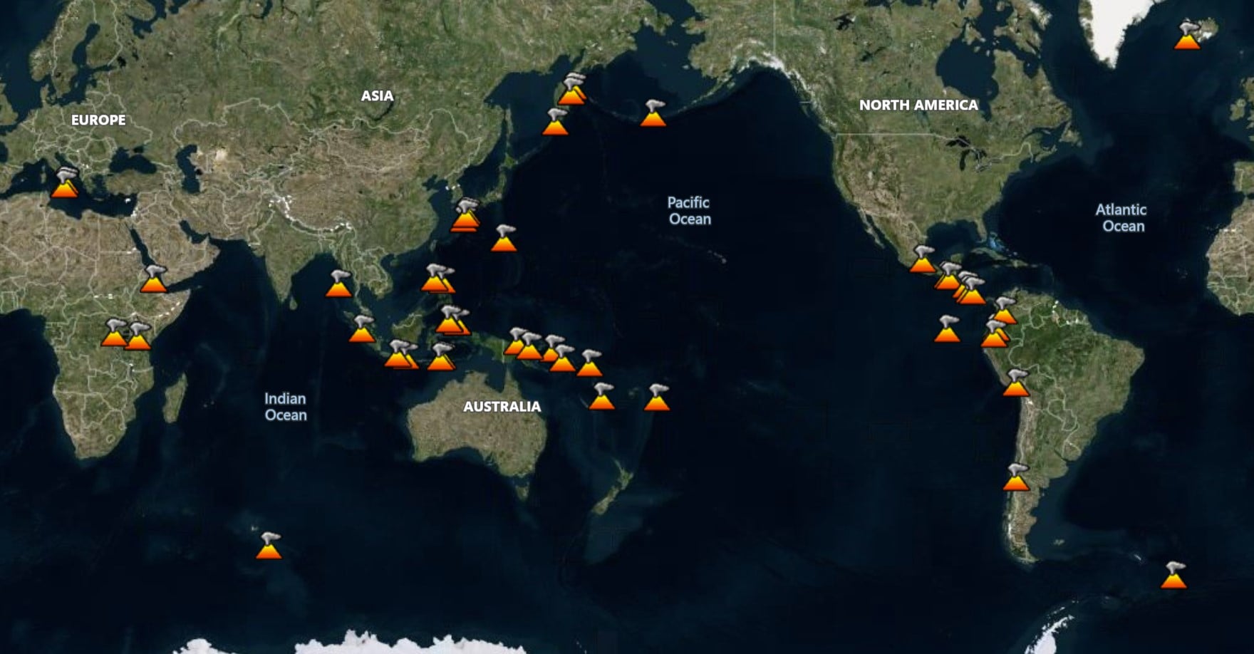 Global map of current volcanic eruptions worldwide