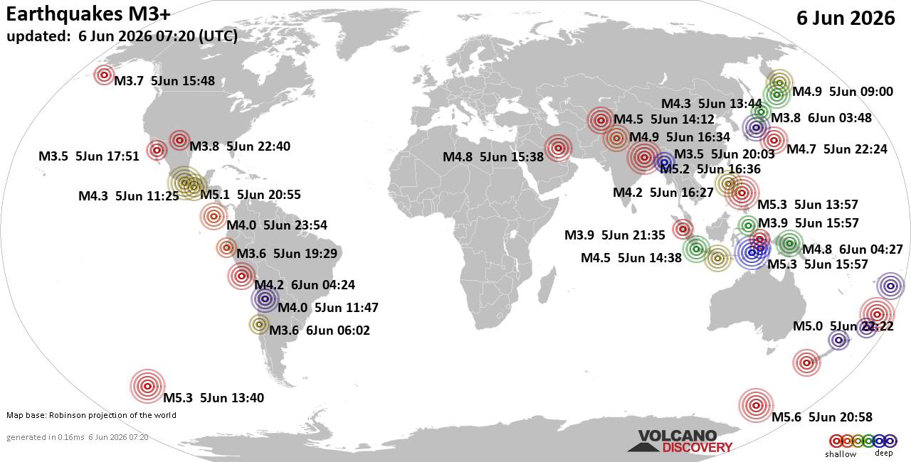 World earthquake activity map showing June 6, 2026 seismic events