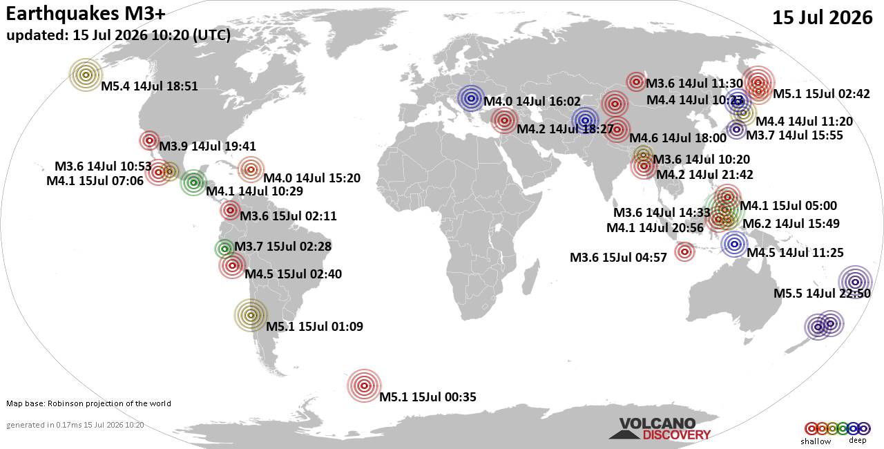 World earthquake activity map for July 15, 2026