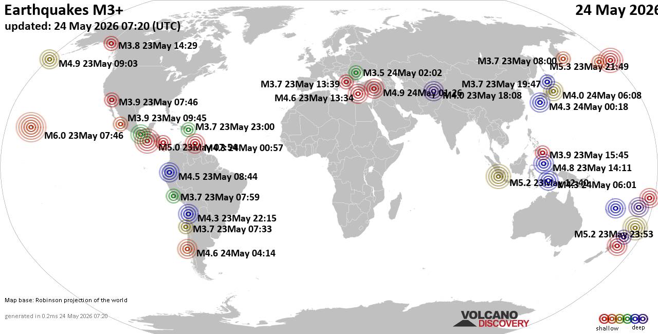 Global earthquake map for May 24, 2026, showing worldwide seismic activity.