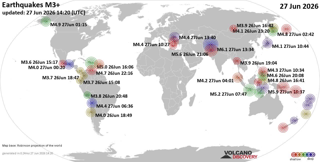 Global earthquake distribution map for June 27, 2026