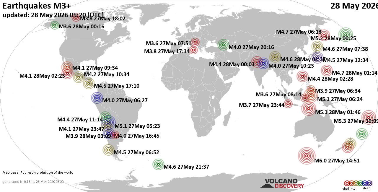 World earthquake activity map for May 28, 2026