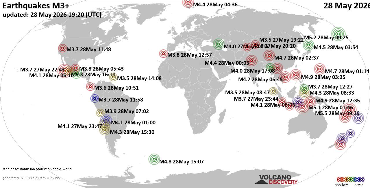Seismic activity map showing recent global earthquake locations and magnitudes