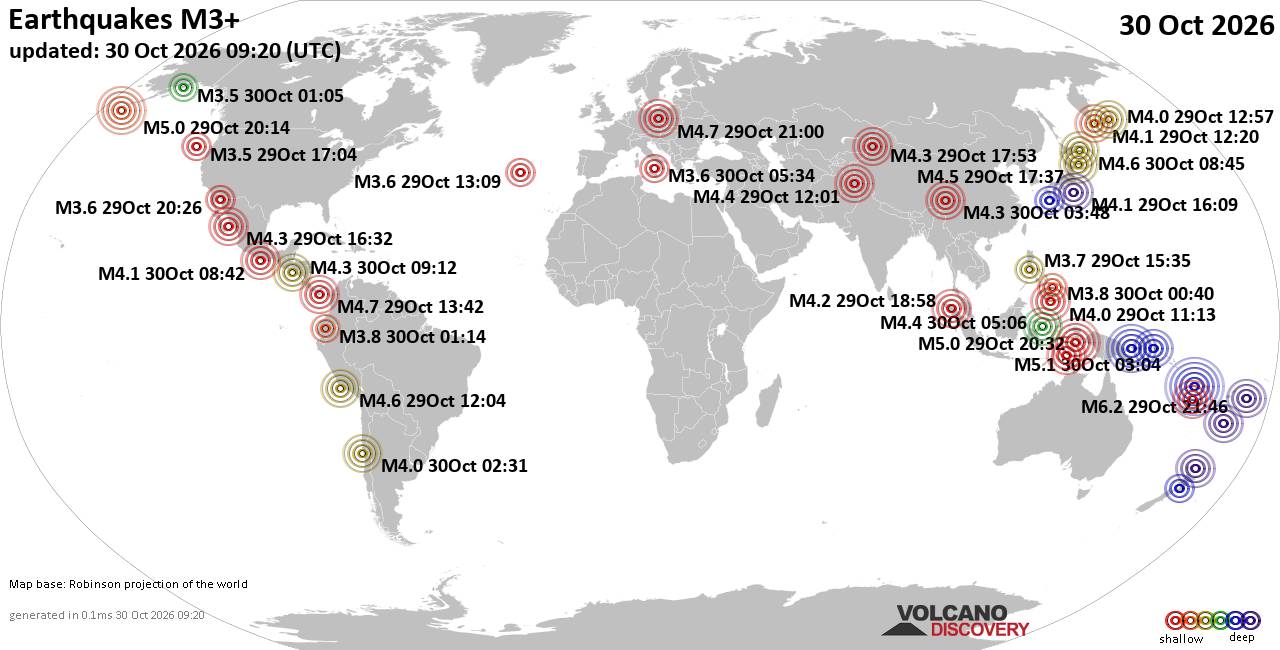 Map of global earthquakes reported on October 30, 2026