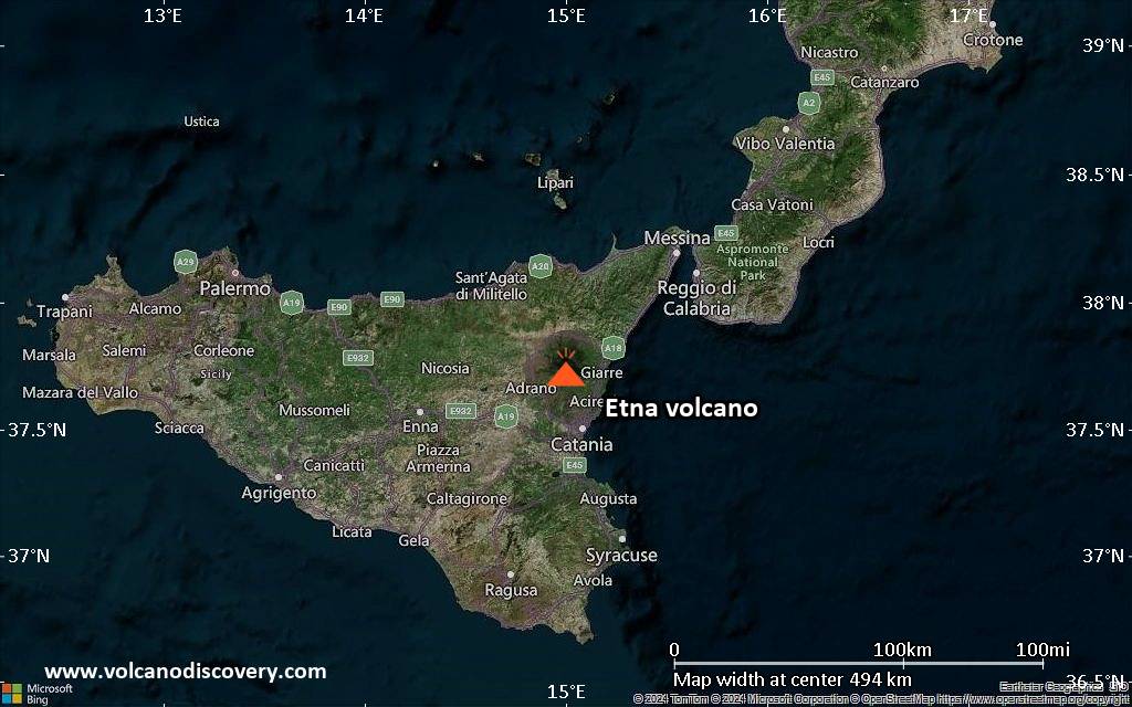 Satellite view or map showing Etna volcanic activity