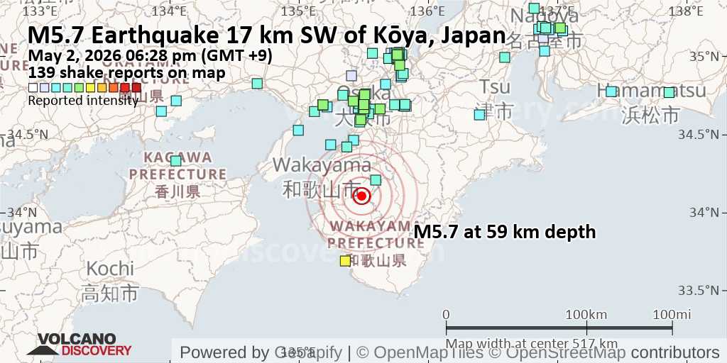 Shakemap of the May 2 M5.7 earthquake near Wakayama, Japan