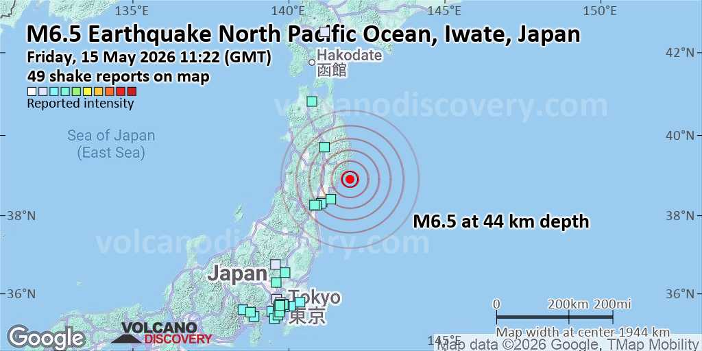 Shakemap satellite view of the May 15 Japan M6.7 earthquake showing shaking intensity distribution