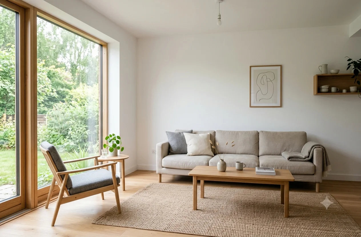 Simple living room with uncluttered furniture and natural light