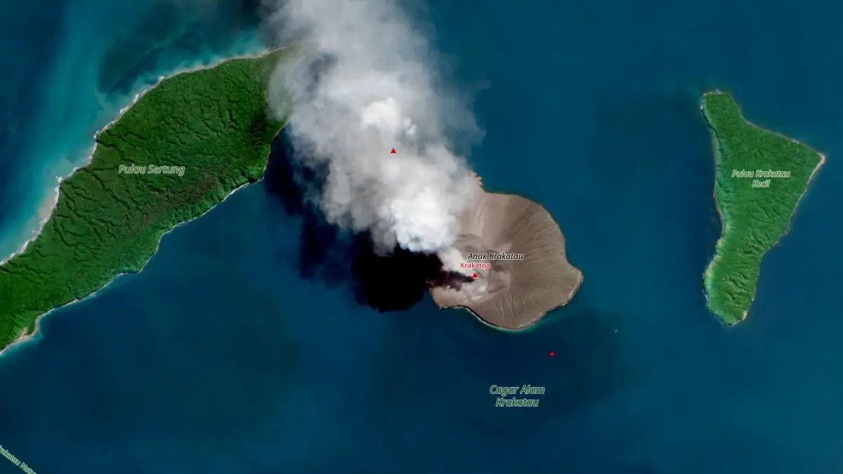 Satellite image of Anak Krakatau erupting on July 2, 2026