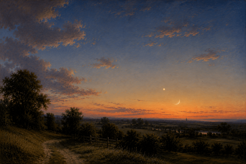 Venus and a crescent moon in the evening sky with Mars and Saturn visible before sunrise