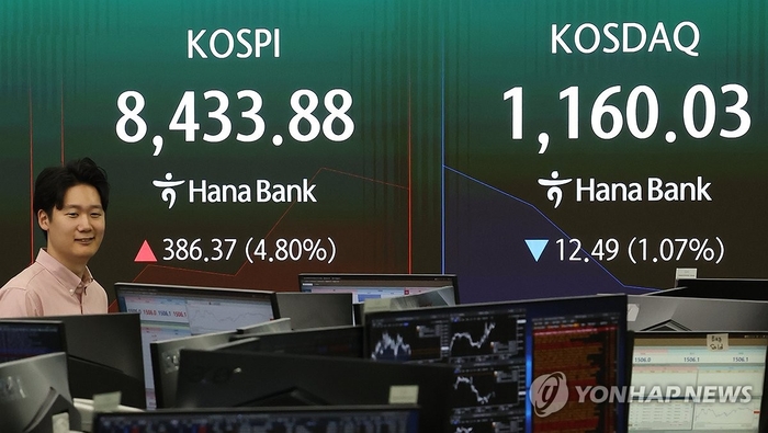 Korean stock market dashboard showing KOSPI reaching record levels driven by chip stocks