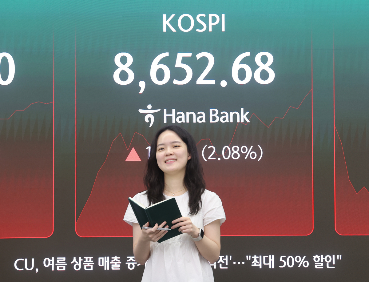 KOSPI breaks through record-high 8,800 as Samsung Electronics surges on news of NVIDIA CEO's Korea visit.
