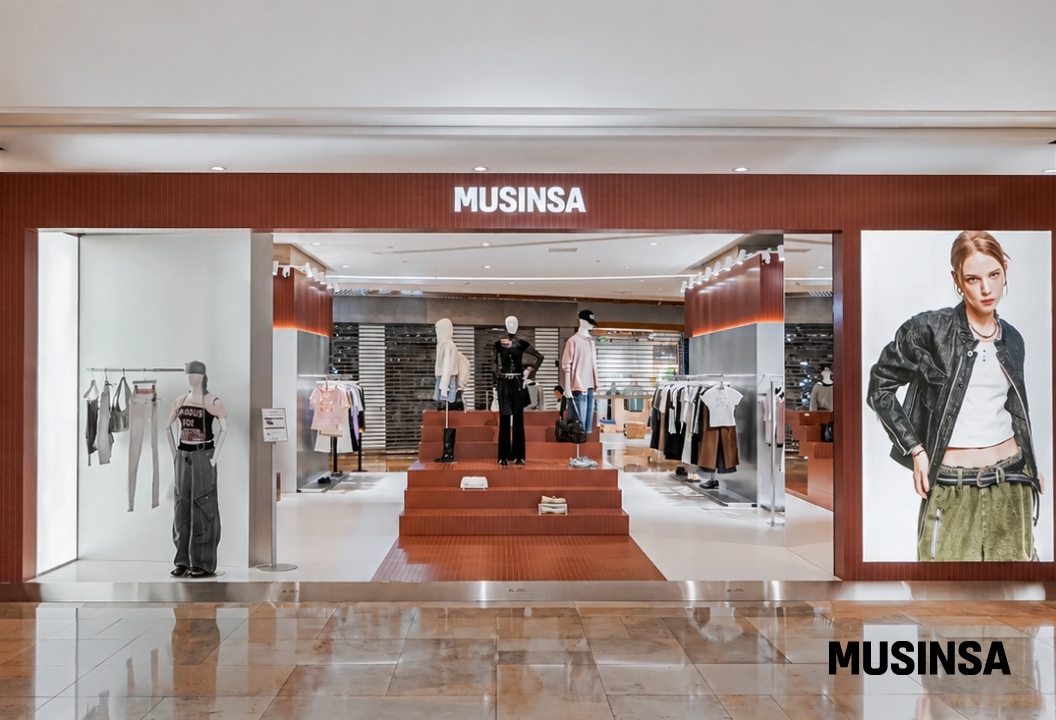 Musinsa Shanghai pop-up store storefront displaying Korean fashion brands in a high-traffic Beijing shopping district