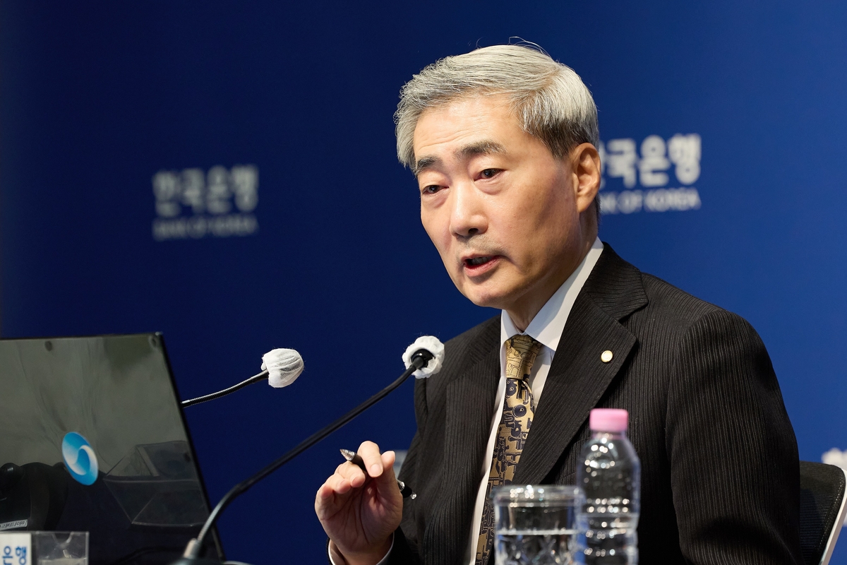 Bank of Korea Governor Shin Hyun-song presiding over the monetary policy meeting