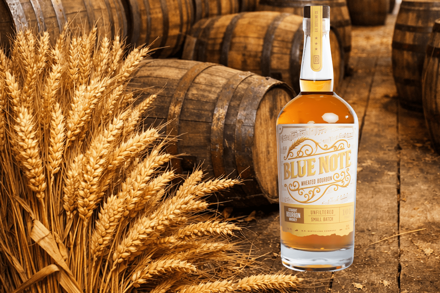 Blue Note Wheated Bourbon Blend horizontal bottle shot from B.R. Distilling Company