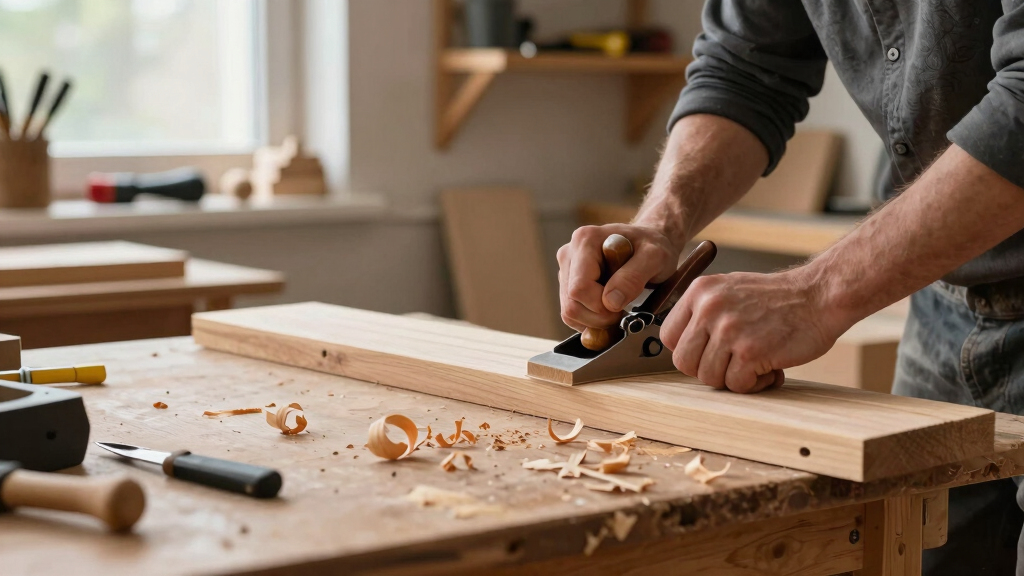 Selection of woodworking hand tools including planes and chisels on a wooden workbench