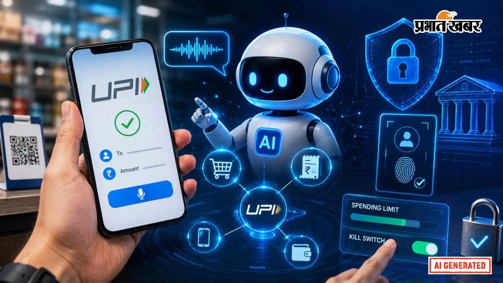 Illustration of AI-powered UPI payments and security features