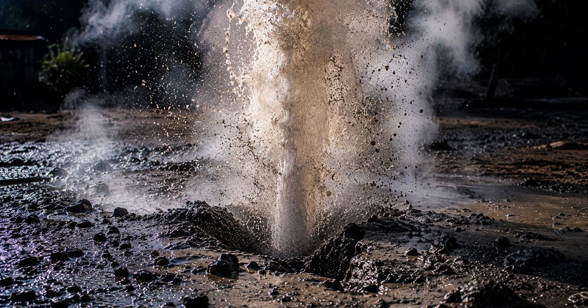 Michoacán hydrothermal rupture showing boiling mud and steam ejection