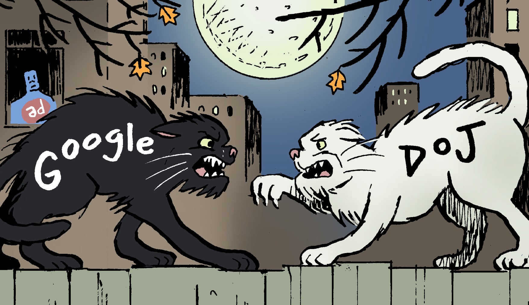 Comic-style illustration of the DOJ versus Google antitrust battle