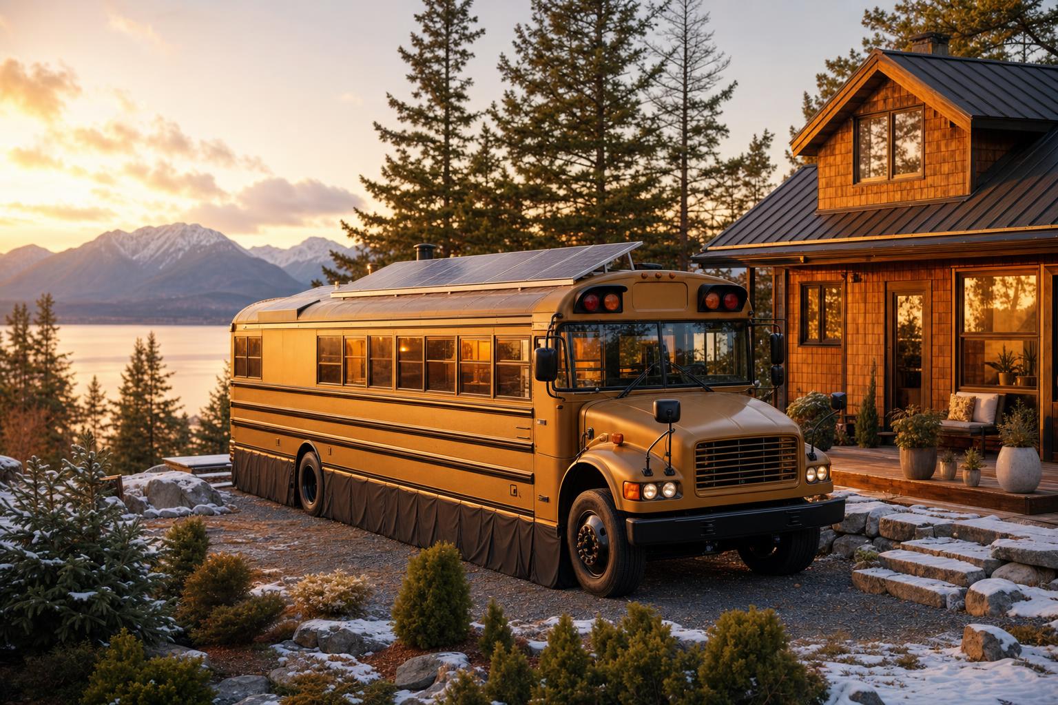 A professional rendering of a converted bus tiny home showing interior layout and modern amenities