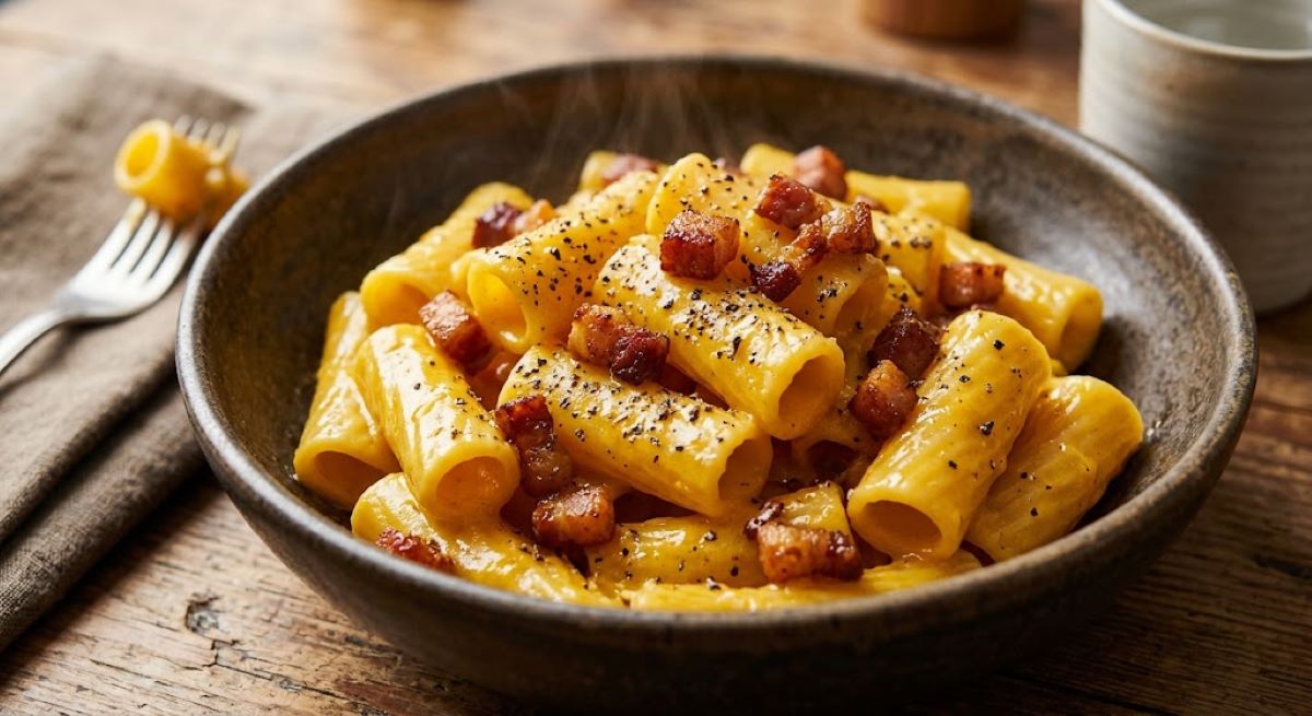 A close-up of a carbonara dish with a vibrant yellow-orange sauce coating the pasta