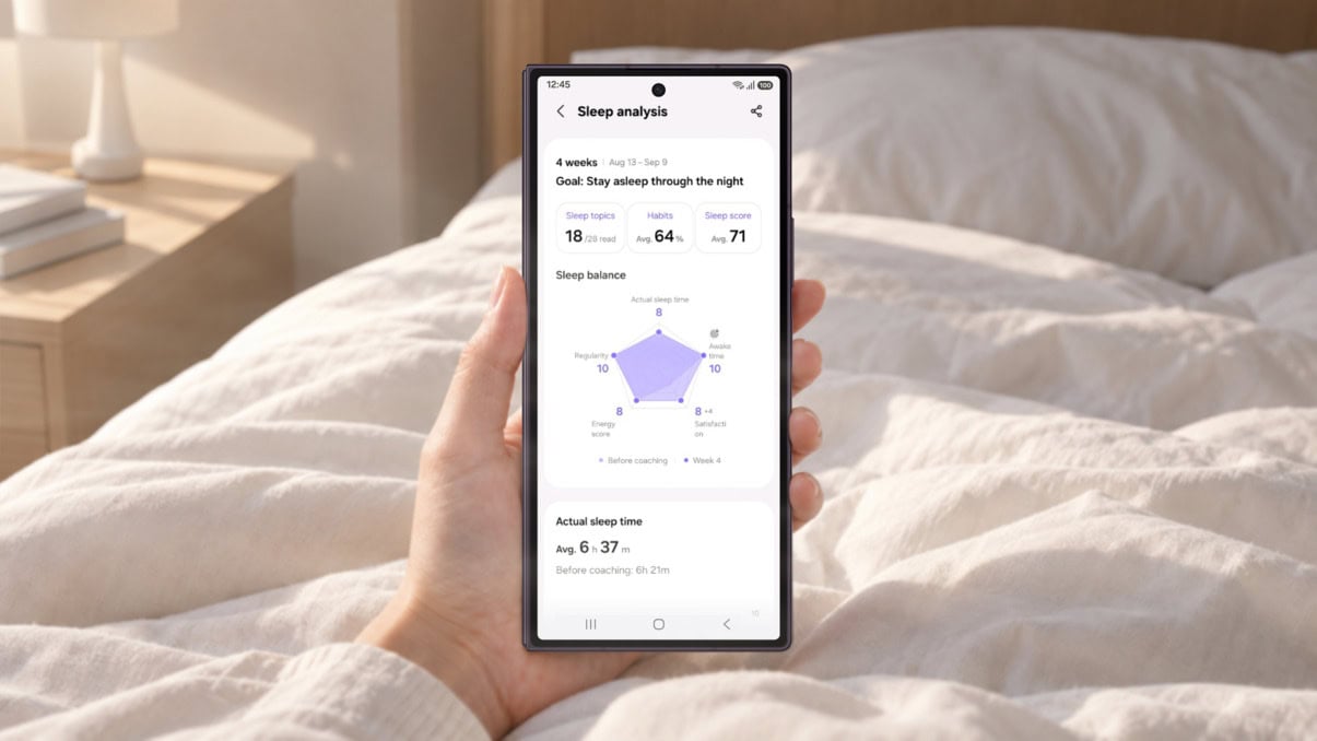 Samsung Health app interface displaying sleep coaching data
