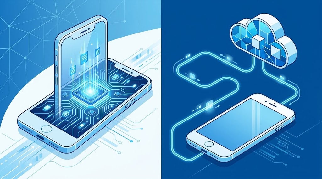 Diagram: on-device NPU processing vs. cloud inference latency and privacy trade-off
