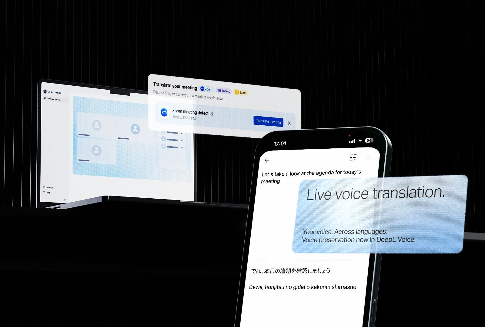 DeepL Voice interface showing voice-preserving translation features