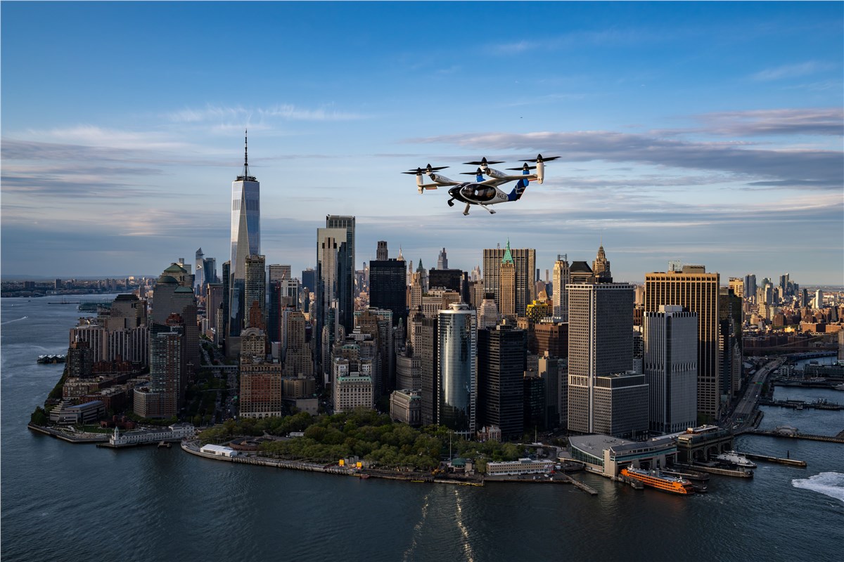 Joby Aviation eVTOL aircraft at a New York waterfront during the week-long flight campaign