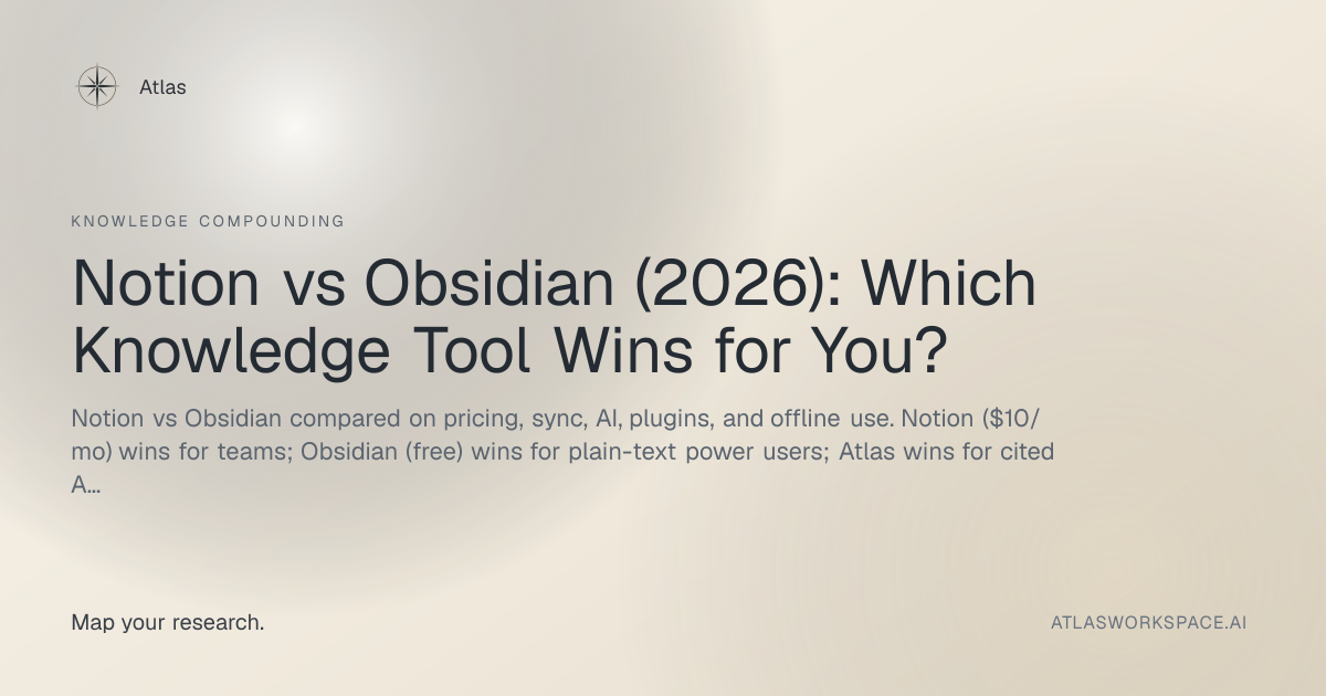 Atlas workspace comparison graphic positioning it against Notion and Obsidian for knowledge management