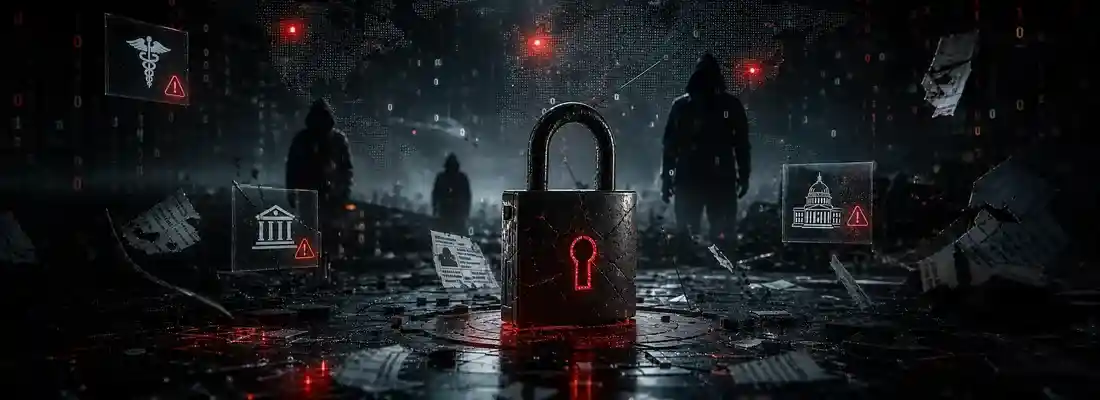 Menacing digital lock with cybercriminal imagery
