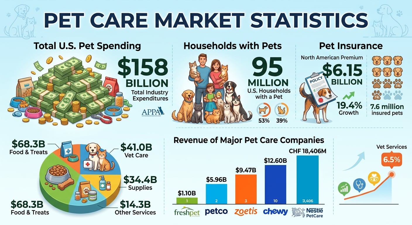 Pet care market statistics infographic showing revenue and spending trends