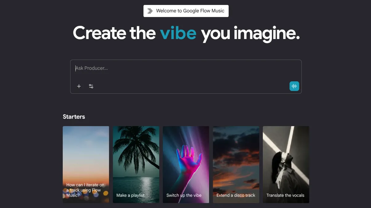 Screenshot of Google Flow Music Spaces interface showing song creation and editing tools