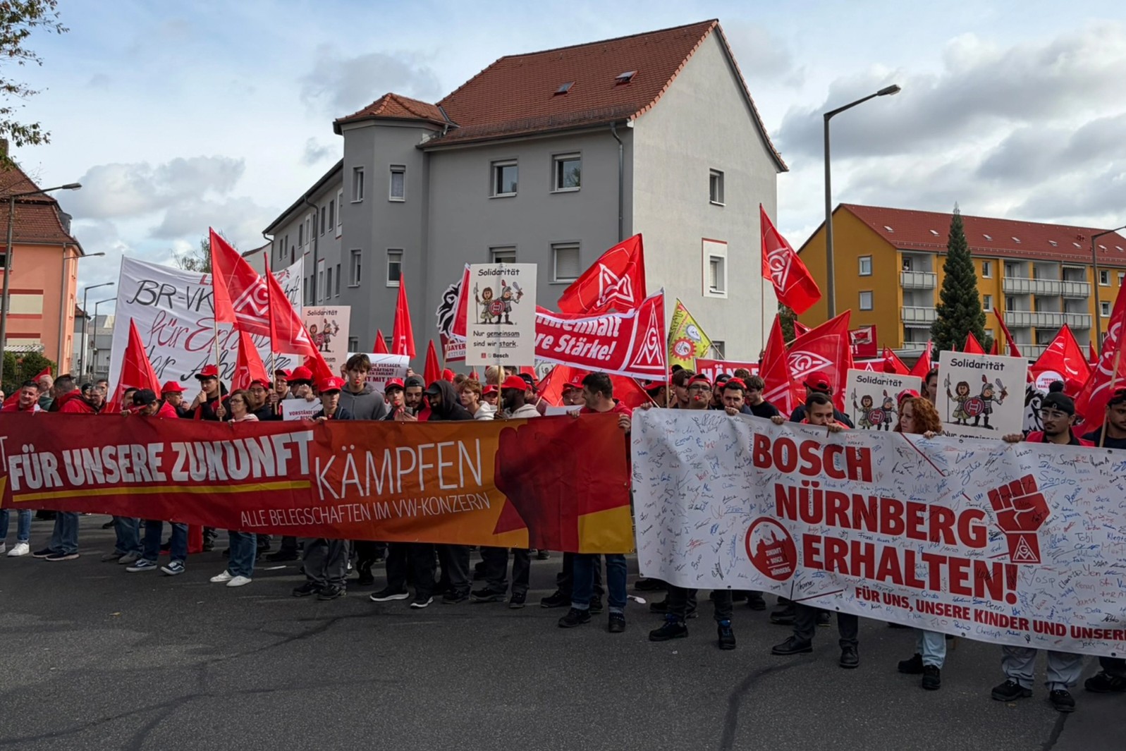 Bosch Nuremberg plant with union banner during protest action, September 2026