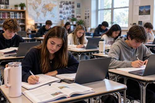 Illustration of students using technology in a classroom