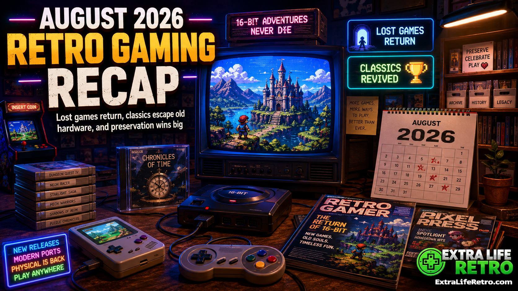 August 2026 Retro Gaming News Recap graphic featuring classic games