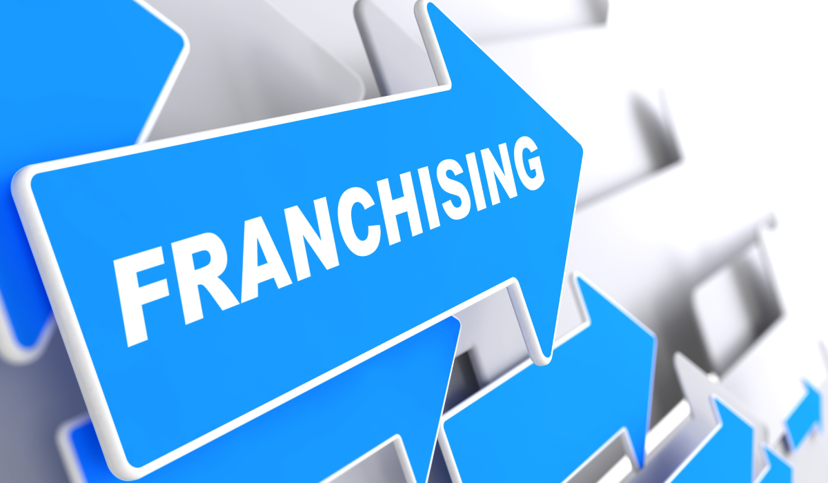 Franchise financing graphic for 2026 with a restaurant background