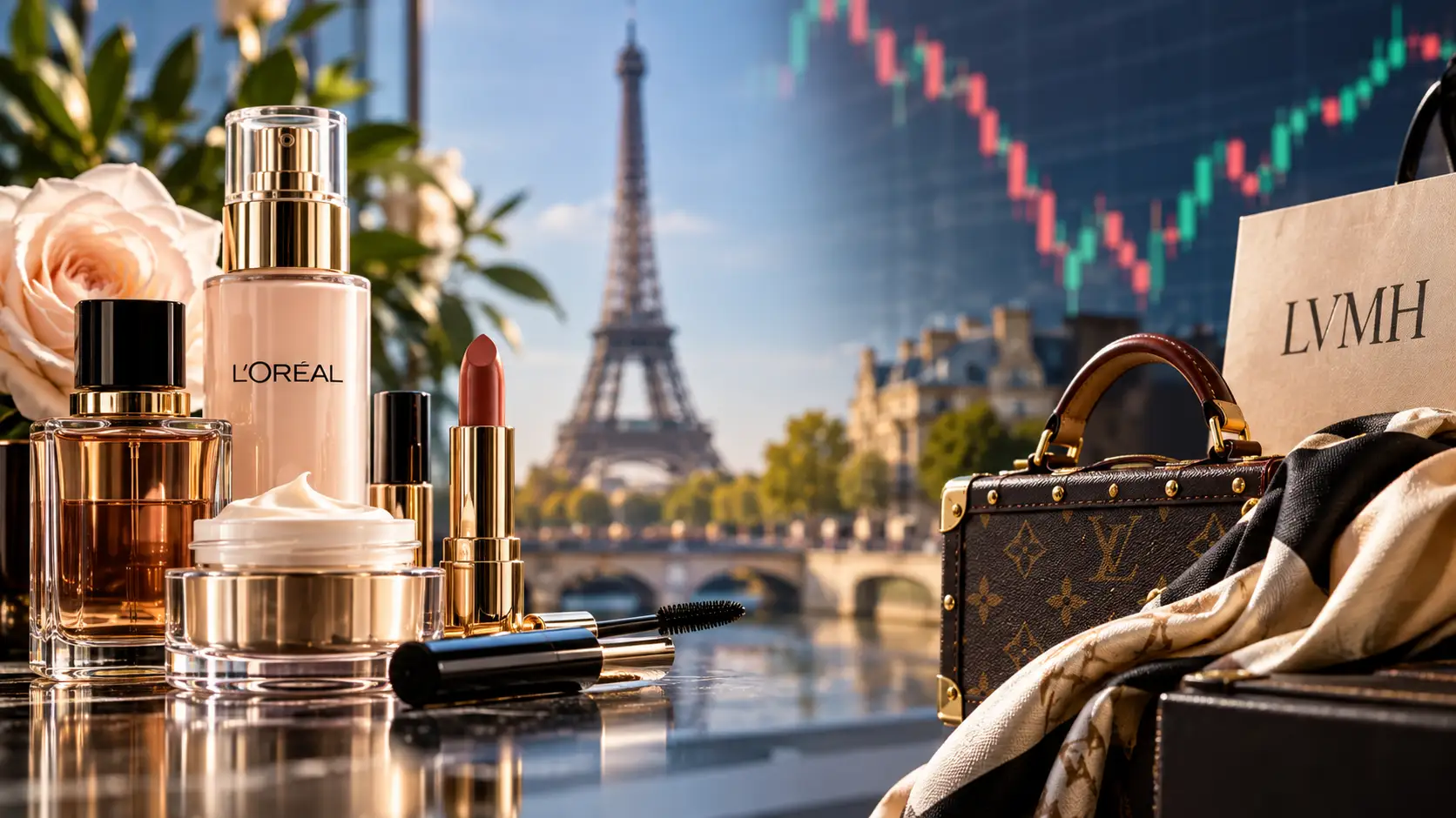 LVMH and L'Oréal logos juxtaposed to represent the shift in market valuation