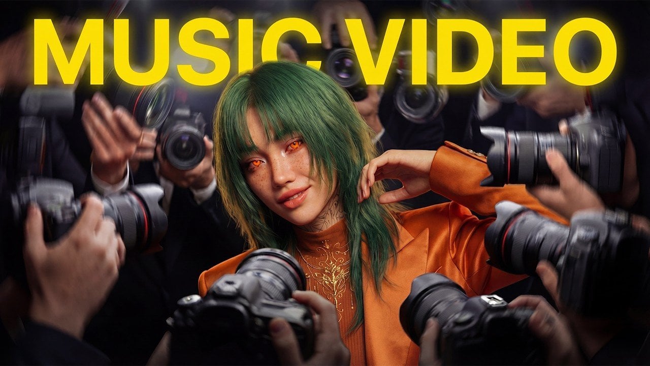 Futuristic AI-generated pop star in a cinema studio — representing Suno V5.5 and Seedance 2.0 music video workflows