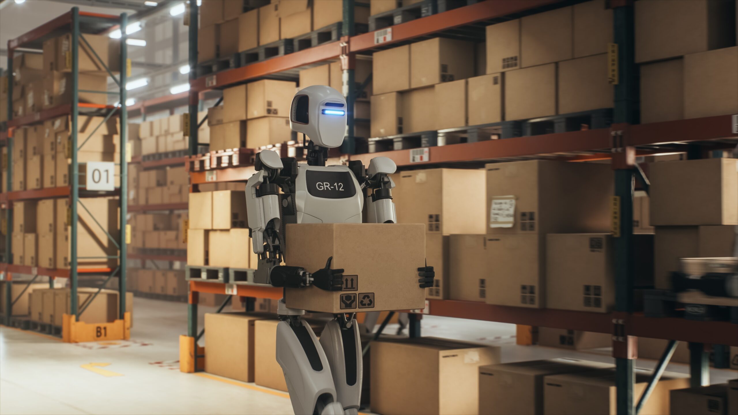 Humanoid robot in a warehouse setting