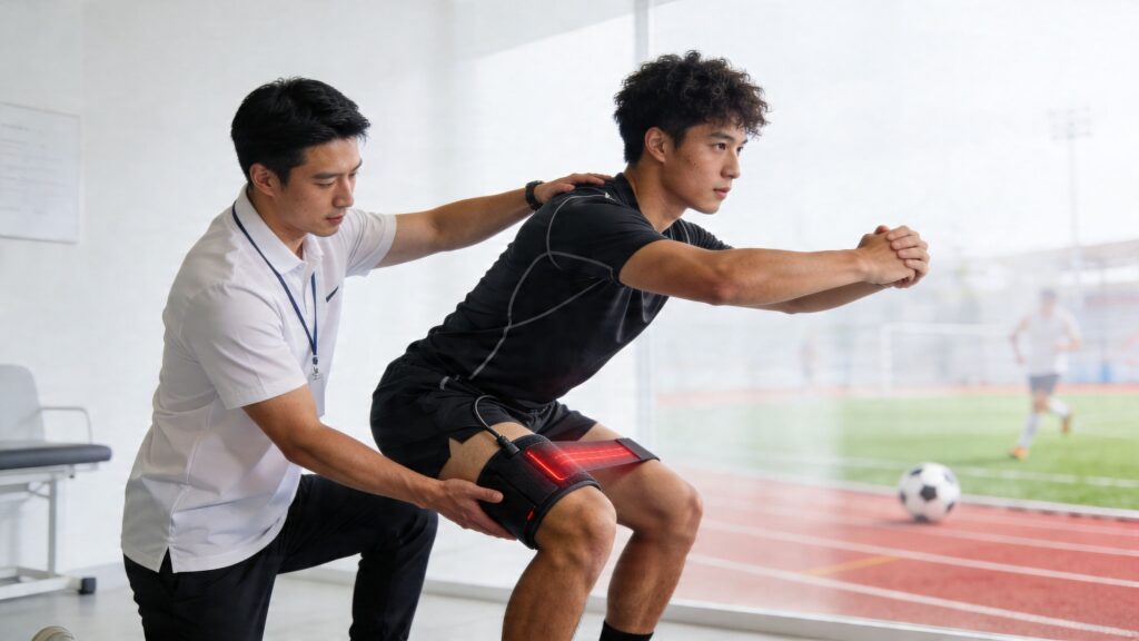 A practitioner performing laser therapy for sport rehabilitation