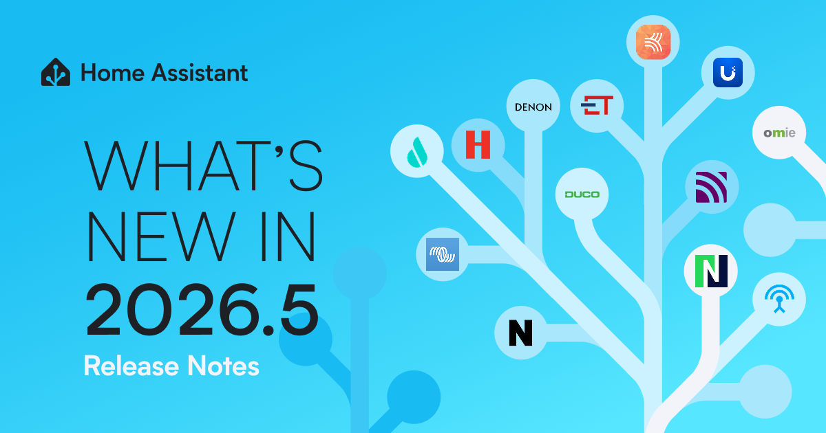 Home Assistant 2026.5 social card announcing radio frequency integration and new dashboard features