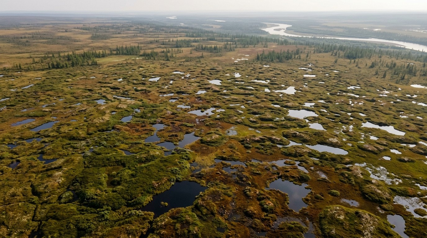 Siberian tundra landscape showing signs of permafrost thaw