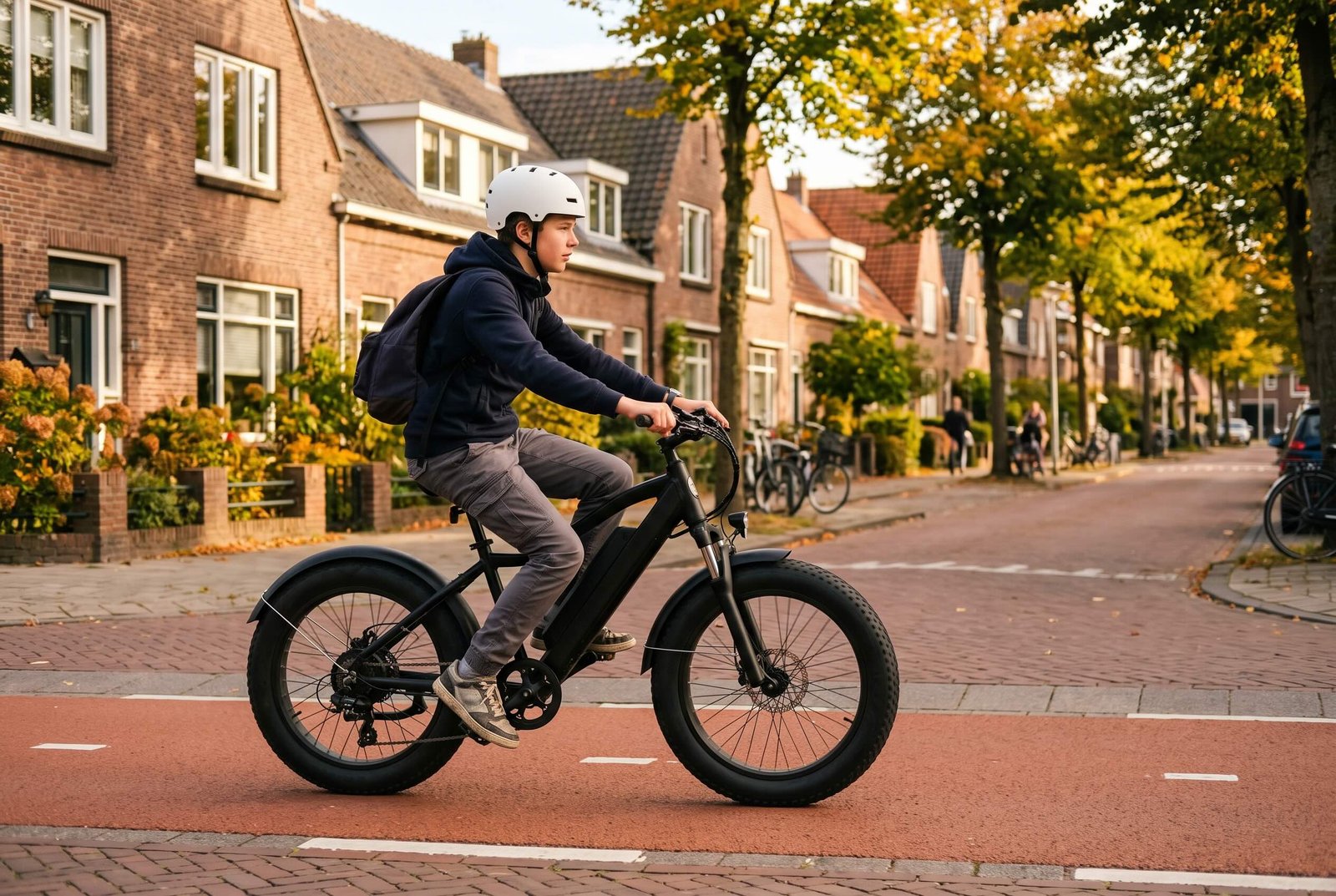 Young rider with a helmet on a fatbike on a Dutch bike path