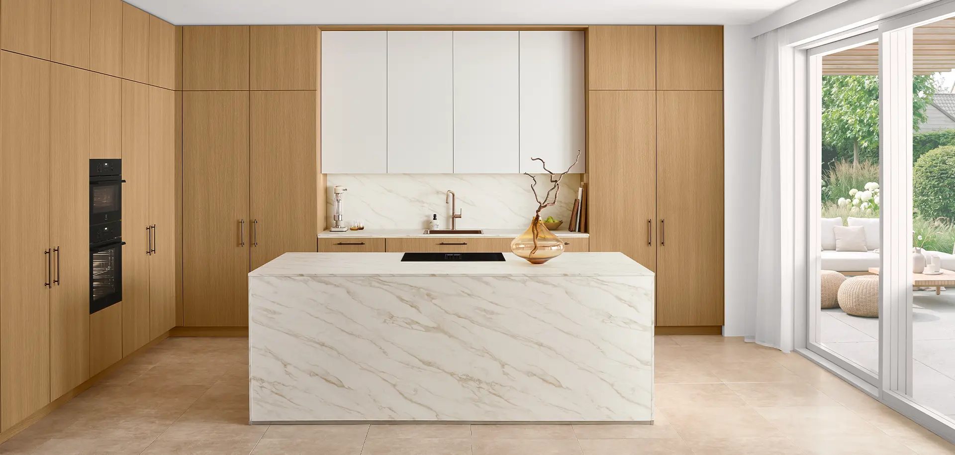 Nobilia kitchen design line showing flush integrated cooktop and muted earth-tone cabinetry