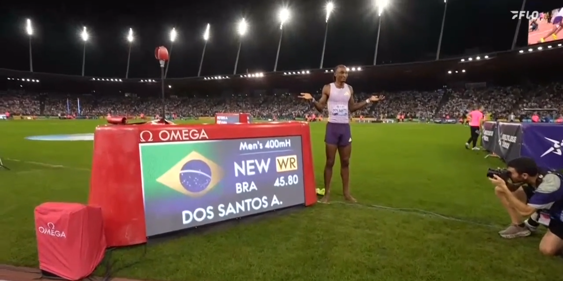 Screenshot of LetsRun article highlighting Alison dos Santos and Masai Russell breaking world records at the Zurich Diamond League